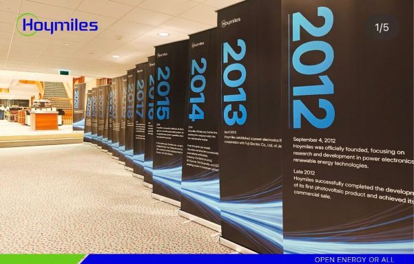 Exhibición de paneles anuales del 2012 al 2015 en un entorno moderno.